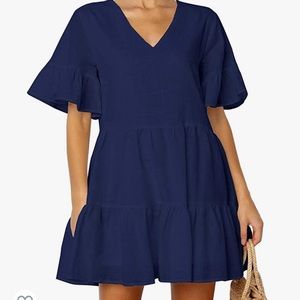 Shift Dress Pockets Bell flounce Sleeve Ruffle Hem V Neck Loose Mini FANCYINN